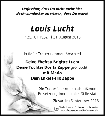 Traueranzeige von Louis Lucht von Märkische Oderzeitung