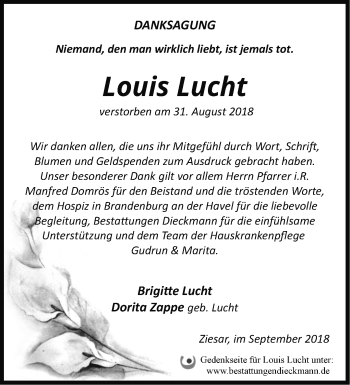 Traueranzeige von Louis Lucht von Märkische Oderzeitung