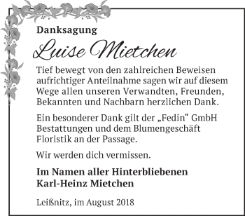 Traueranzeige von Luise Mietchen von Märkische Oderzeitung