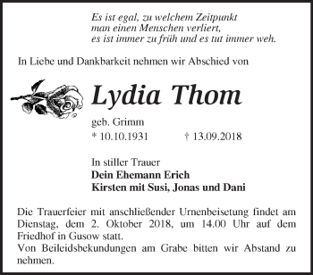 Traueranzeige von Lydia Thom von Märkische Oderzeitung