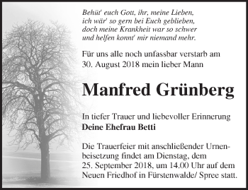 Traueranzeige von Manfred Grünberg von Märkische Oderzeitung