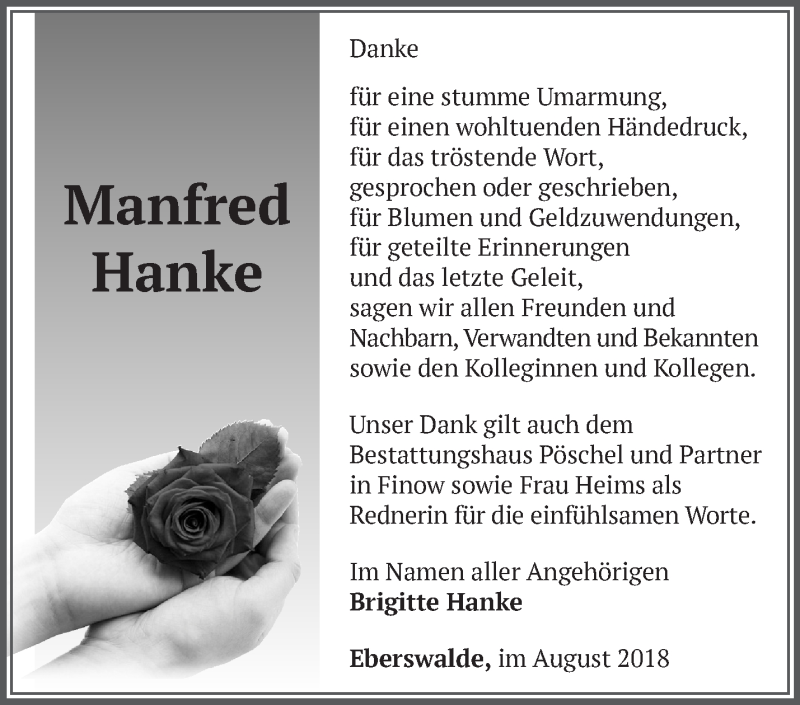  Traueranzeige für Manfred Hanke vom 02.09.2018 aus Märkische Oderzeitung