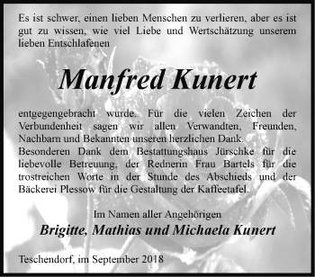 Traueranzeige von Manfred Kunert von Märkische Oderzeitung