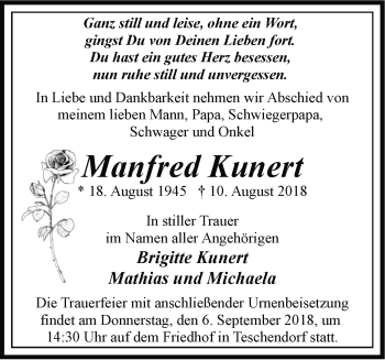 Traueranzeige von Manfred Kunert von Märkische Oderzeitung