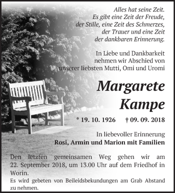 Traueranzeige von Margarete Kampe von Märkische Oderzeitung