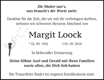 Traueranzeige von Margit Loock von Märkische Oderzeitung