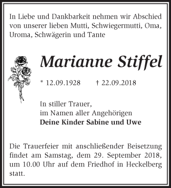 Traueranzeige von Marianne Stiffel von Märkische Oderzeitung