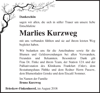 Traueranzeige von Marlies Kurzweg von Märkische Oderzeitung