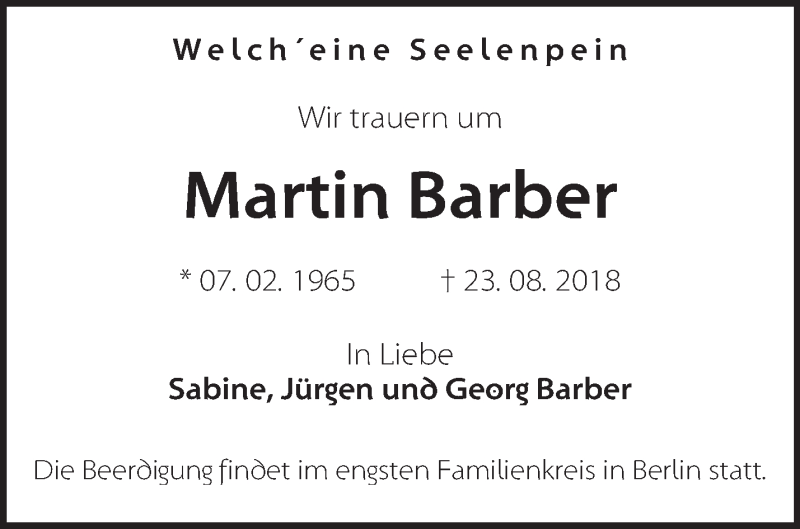  Traueranzeige für Martin Barber vom 08.09.2018 aus Märkische Oderzeitung