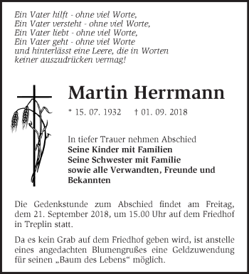 Traueranzeige von Martin Herrmann von Märkische Oderzeitung