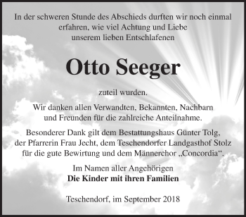 Traueranzeige von Otto Seeger von Märkische Oderzeitung