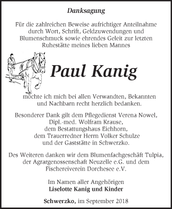 Traueranzeige von Paul Kanig von Märkische Oderzeitung