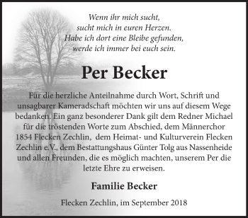 Traueranzeige von Per Becker von Märkische Oderzeitung