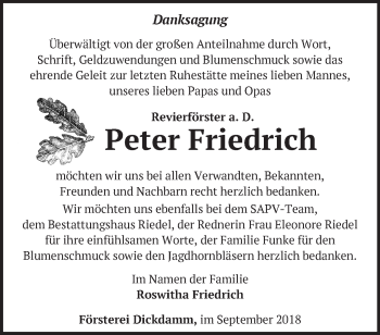 Traueranzeige von Peter Friedrich von Märkische Oderzeitung