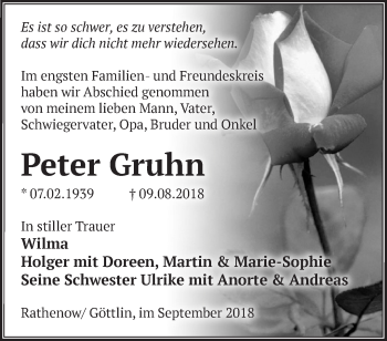 Traueranzeige von Peter Gruhn von Märkische Oderzeitung