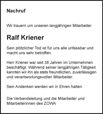 Traueranzeige von Ralf Kriener von Märkische Oderzeitung