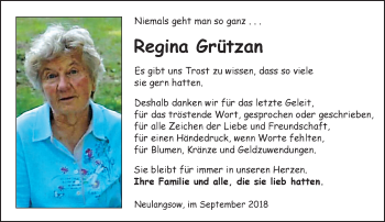 Traueranzeige von Regina Grützan von Märkische Oderzeitung