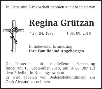 Traueranzeige von Regina Grützan von Märkische Oderzeitung