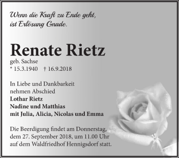 Traueranzeige von Renate Rietz von Märkische Oderzeitung