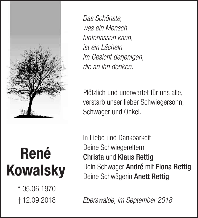  Traueranzeige für René Kowalsky vom 22.09.2018 aus Märkische Oderzeitung