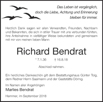 Traueranzeige von Richard Bendrat von Märkische Oderzeitung