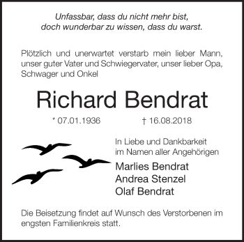 Traueranzeige von Richard Bendrat von Märkische Oderzeitung