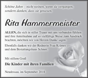 Traueranzeige von Rita Hammermeister von Märkische Oderzeitung