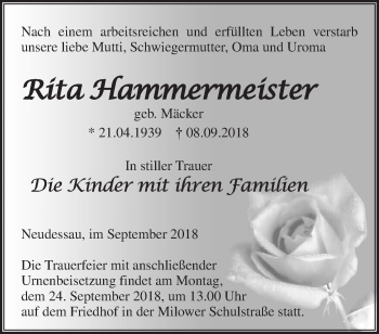 Traueranzeige von Rita Hammermeister von Märkische Oderzeitung