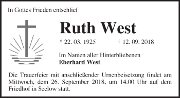 Traueranzeige von Ruth West von Märkische Oderzeitung