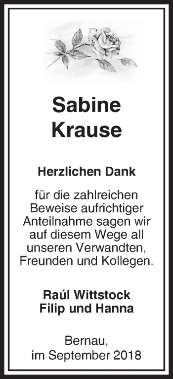 Traueranzeige von Sabine Krause von Märkische Oderzeitung