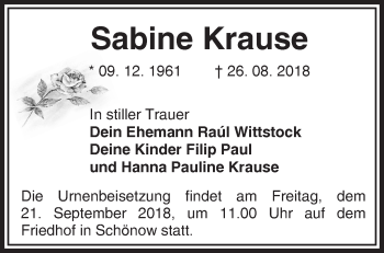 Traueranzeige von Sabine Krause von Märkische Oderzeitung