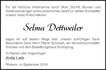 Traueranzeige von Selma Dettweiler von Märkische Oderzeitung