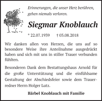 Traueranzeige von Siegmar Knoblauch von Märkische Oderzeitung