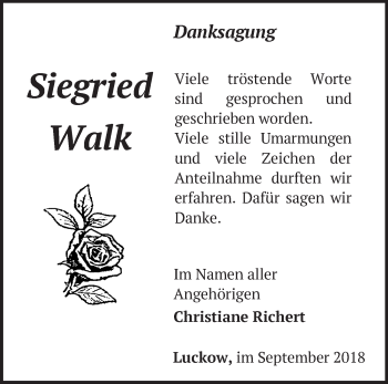 Traueranzeige von Siegried Walk von Märkische Oderzeitung