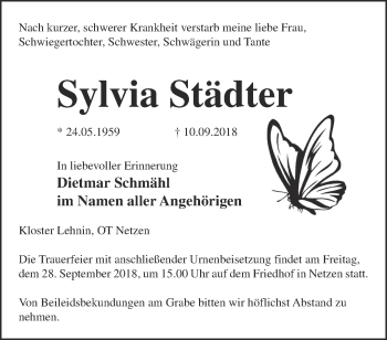 Traueranzeige von Sylvia Städter von Märkische Oderzeitung