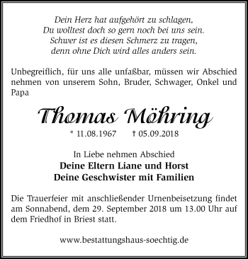 Traueranzeige von Thomas Möhring von Märkische Oderzeitung