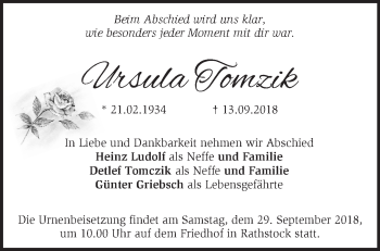 Traueranzeige von Ursula Tomzik von Märkische Oderzeitung