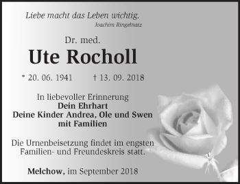 Traueranzeige von Ute Rocholl von Märkische Oderzeitung