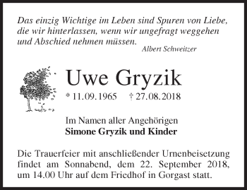 Traueranzeige von Uwe Gryzik von Märkische Oderzeitung