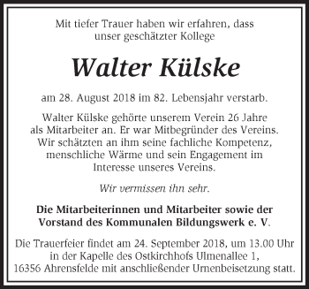 Traueranzeige von Walter Külske von Märkische Oderzeitung