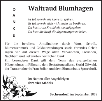 Traueranzeige von Waltraud Blumhagen von Märkische Oderzeitung