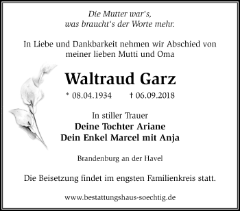 Traueranzeige von Waltraud Garz von Märkische Oderzeitung