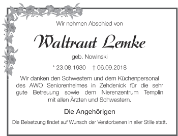 Traueranzeige von Waltraut Lemke von Märkische Oderzeitung