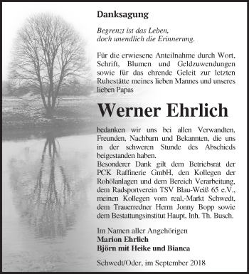 Traueranzeige von Werner Ehrlich von Märkische Oderzeitung