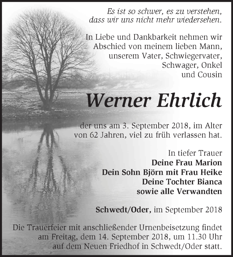  Traueranzeige für Werner Ehrlich vom 09.09.2018 aus Märkische Oderzeitung