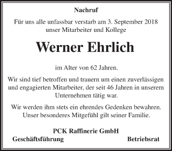 Traueranzeige von Werner Ehrlich von Märkische Oderzeitung