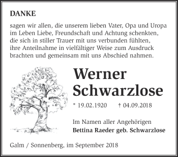 Traueranzeige von Werner Schwarzlose von Märkische Oderzeitung