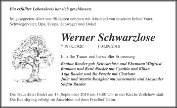 Traueranzeige von Werner Schwarzlose von Märkische Oderzeitung