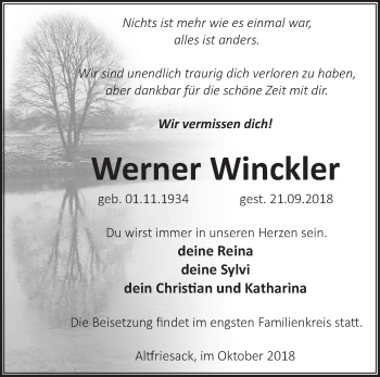 Traueranzeige von Werner Winckler von Märkische Oderzeitung