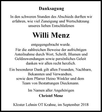 Traueranzeige von Willi Menz von Märkische Oderzeitung